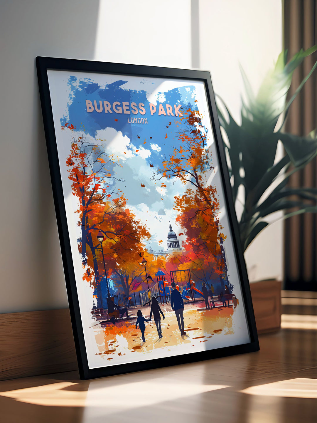 Travel poster of Burgess Park in South East London, showcasing the vibrant playground and surrounding greenery. This print highlights the parks role as a community hub, making it a perfect addition to any art collection.