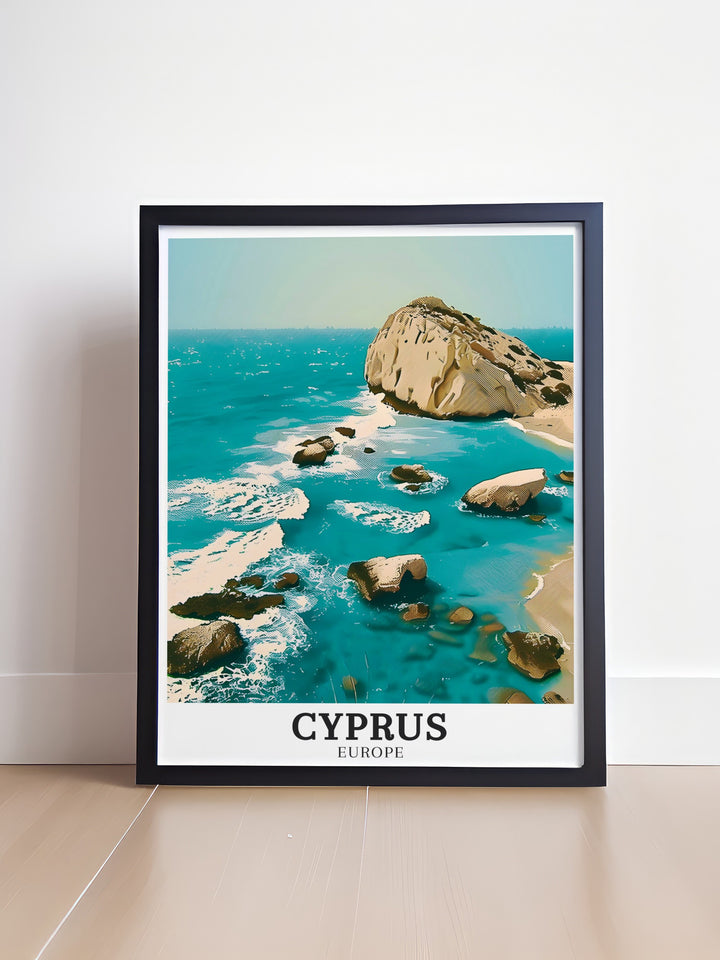 This vintage style poster of Aphrodites Rock and Paphos brings a touch of timeless Mediterranean elegance to any space. The stunning coastal views and mythological significance make this Cyprus art piece a thoughtful gift or home addition.