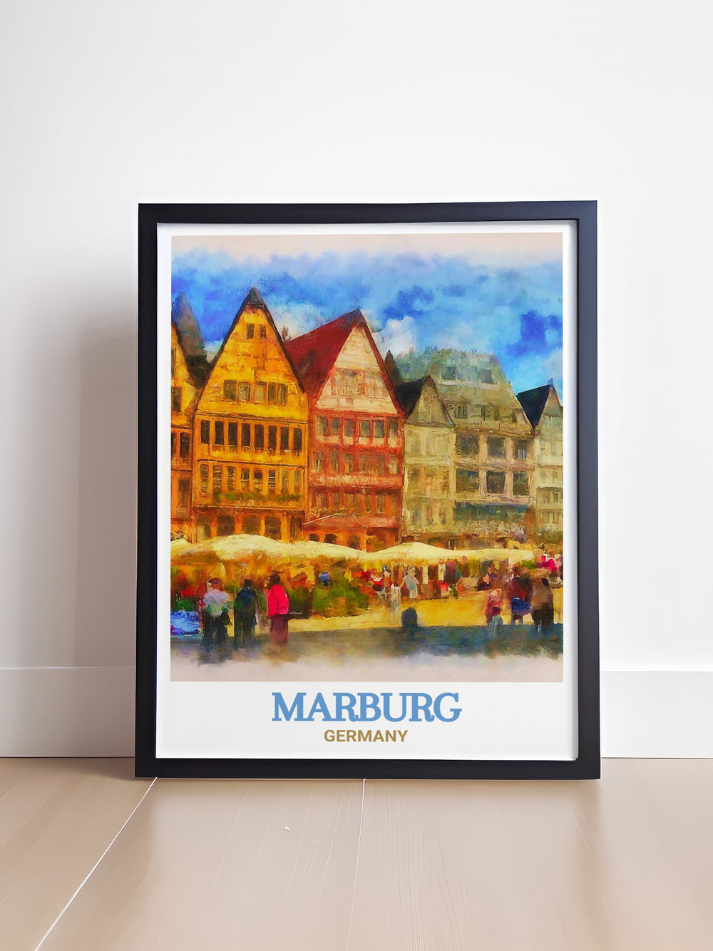 Enhance your decor with this custom print of Marburgs Market Square. The detailed artwork showcases the squares vibrant life and historic buildings, making it a standout piece in any room. This print is perfect for those looking to add a touch of history and elegance to their home