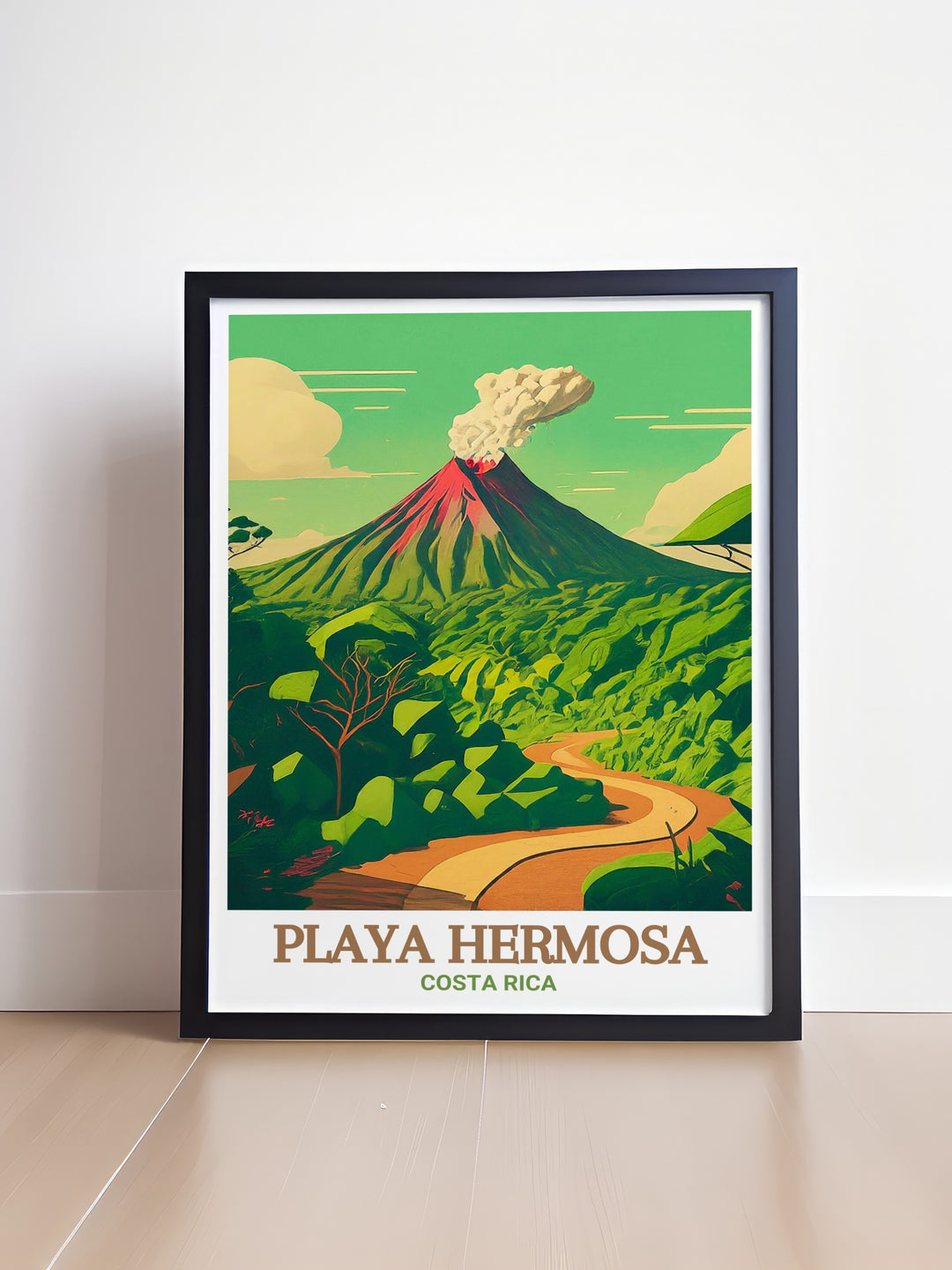 Costa Rica Travel Poster featuring the serene shores of Playa Hermosa and the vibrant landscapes of Rincon de la Vieja National Park a stunning piece of wall art that adds tranquility and warmth to any living space