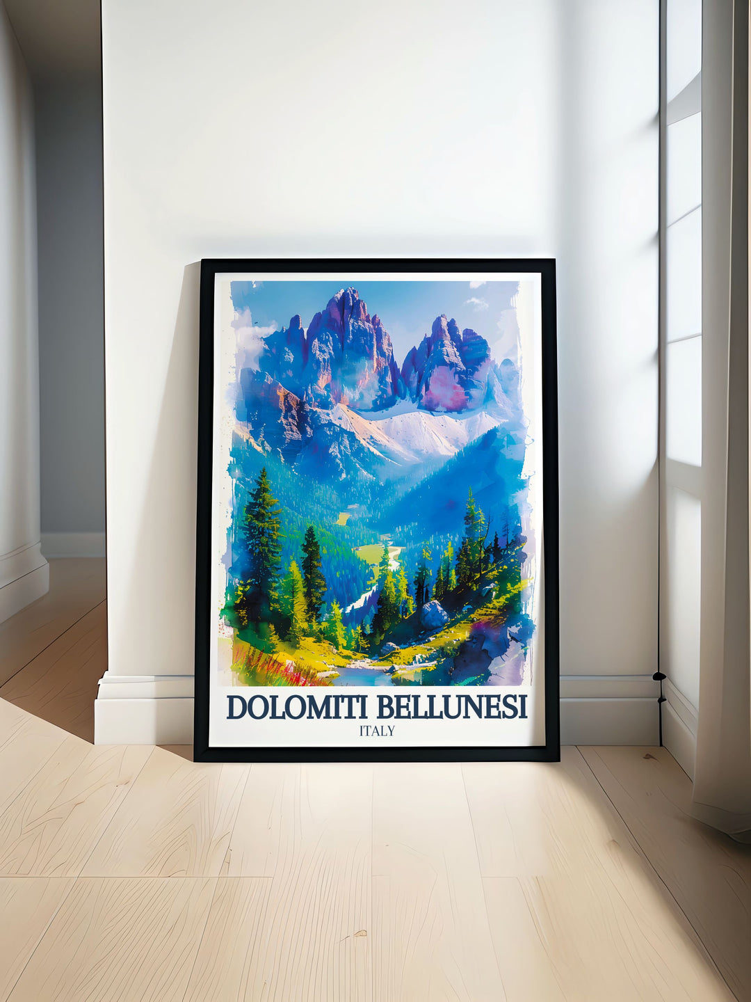 Dolomite range travel poster capturing the breathtaking beauty of the Dolomiti Bellunesi in Northern Italy perfect for enhancing your home decor with stunning views of the Italian mountains.