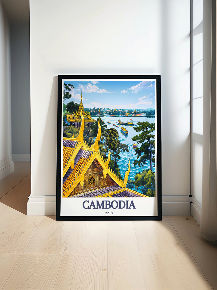 Royal Palace, Phnom Penh, Tonle Sap Lake travel poster showcasing the architectural beauty and natural wonder of Cambodia. Perfect for lovers of Southeast Asia and Cambodia wall art. This stunning print highlights the historical and cultural significance of these iconic sites.