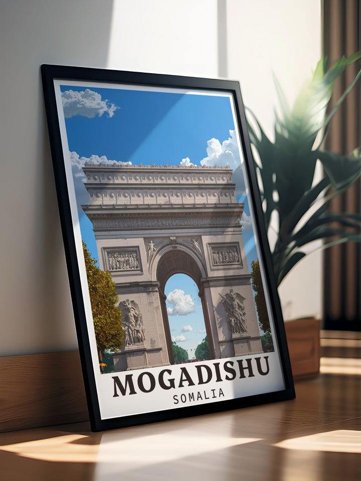 This vintage inspired poster of Mogadishu captures the essence of its rich cultural heritage and historic landmarks, offering a glimpse into one of Africas most intriguing destinations.