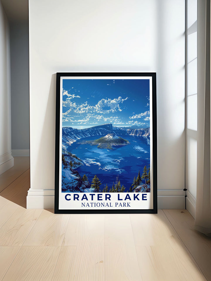 Stunning Crater Lake artwork featuring vibrant colors and intricate details perfect for enhancing your home decor. These National Park Art pieces capture the breathtaking beauty of Crater Lake and its iconic caldera providing a timeless addition to any room.