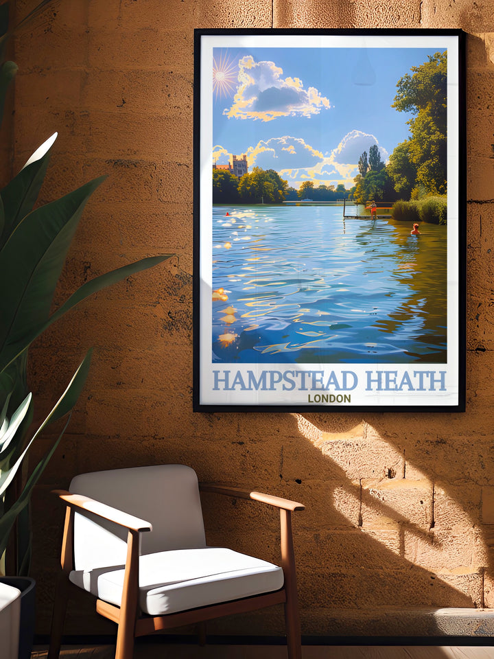 A framed art print featuring Hampstead Heath and Hampstead Ponds, ideal for those who love nature and Londons parklands. This wall art is the perfect reminder of peaceful walks in one of Londons most beloved parks.