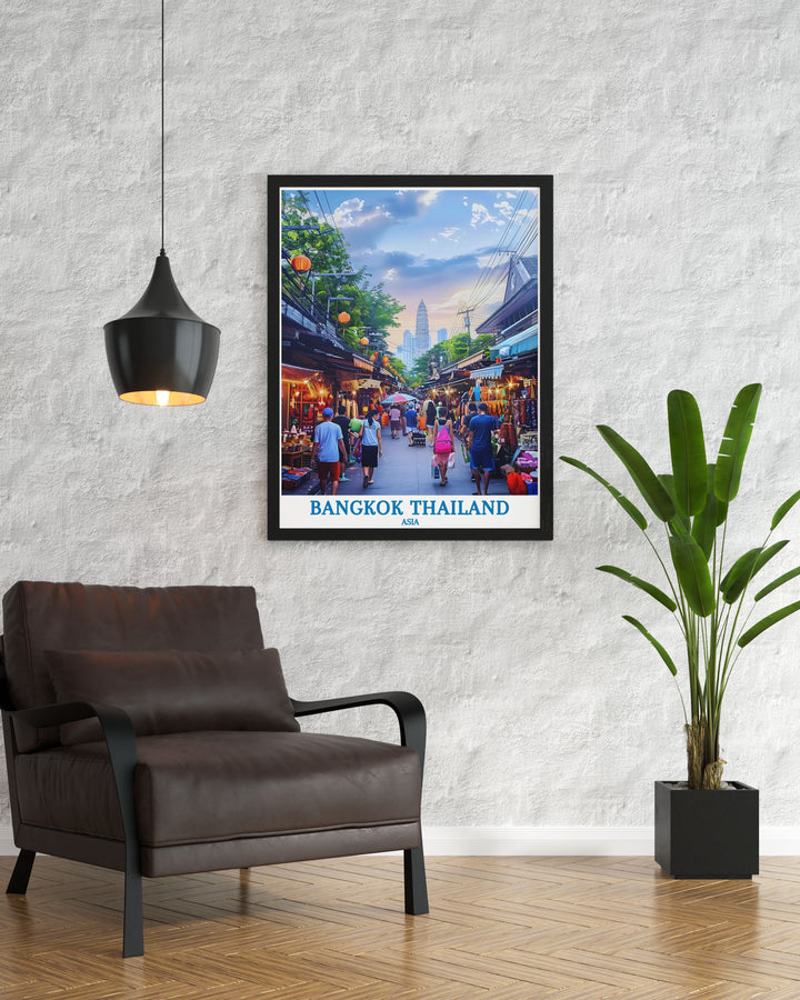 Travel poster of Bangkok highlighting major landmarks and vibrant street scenes, bringing the essence of Thai urban life to your living space.