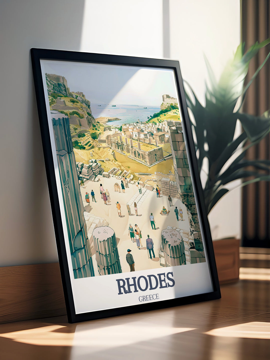 Old Town of Rhodes and Acropolis of Lindos Poster Print showing two of the most famous landmarks in Rhodes. This travel print showcases the ancient ruins and medieval architecture that define the islands rich history.