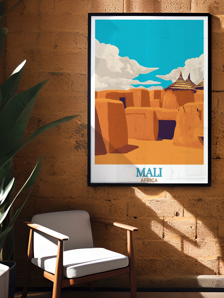 Experience the awe of the Bandiagara Escarpment with this African landscape print. The artwork highlights the towering cliffs and rich cultural history of Mali, making it a stunning piece for your home décor.