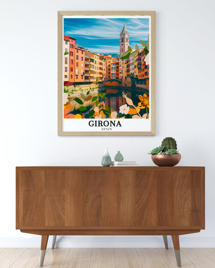 High quality Spain artwork of Girona, showcasing the Basílica of San Feliu and the Onyar River. This Spain travel print highlights the unique blend of history, architecture, and natural beauty found in Girona, making it a timeless addition to any art collection or home decor