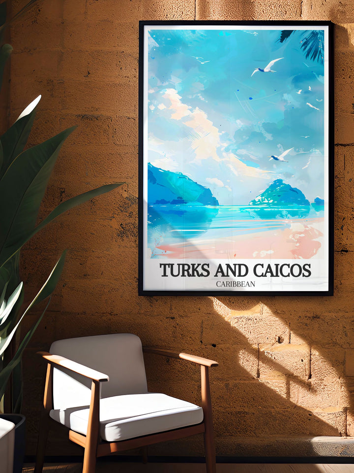 This vintage travel poster brings the serenity of Turks and Caicos to life. The design highlights the natural beauty of Chalk Sound and Sapodilla Bay, making it a stunning focal point for your homes decor.