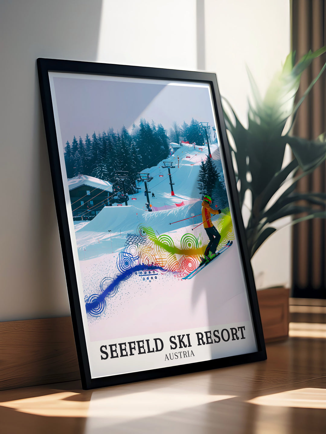 Beautiful Seefeld Ski Resort art print with Gschwandkopf jump ramp and Tyrolean ski area. This modern artwork captures the excitement of snowboarding and skiing in the Austrian Alps perfect for adding alpine charm to your living space.