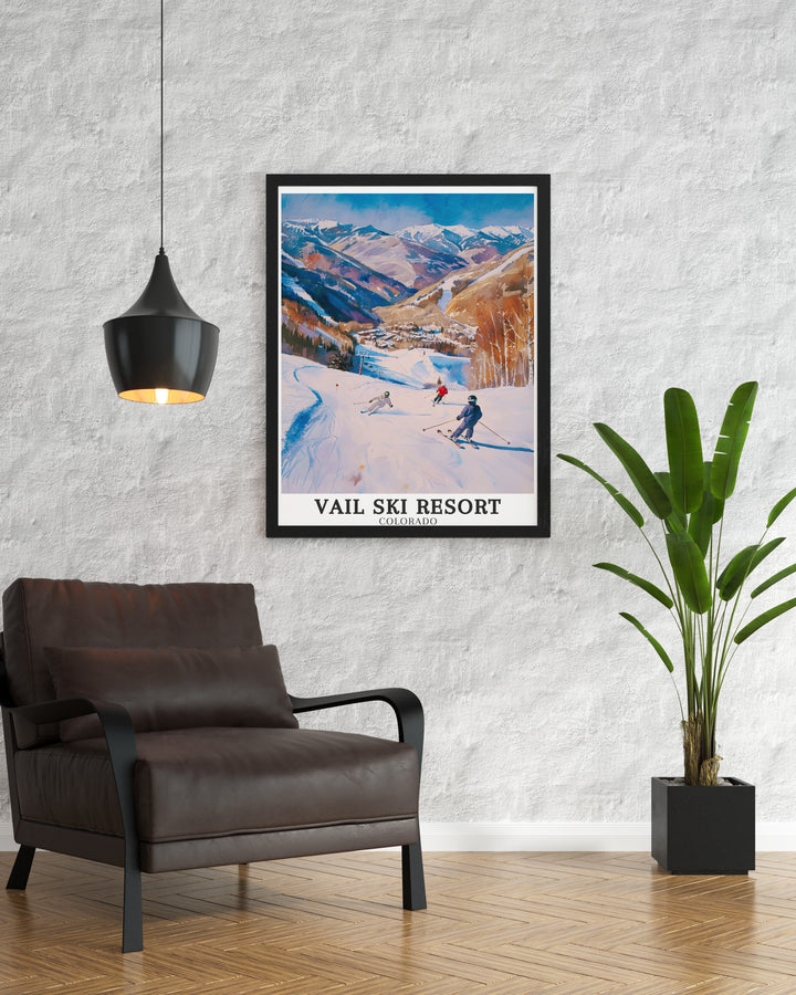 Celebrate the adventure and beauty of Vail Ski Resort with this stunning travel print, featuring Vail Mountain and the vibrant Vail Village. Whether youre a seasoned skier or just love the Colorado landscape, this artwork adds a touch of the Rockies to any room.