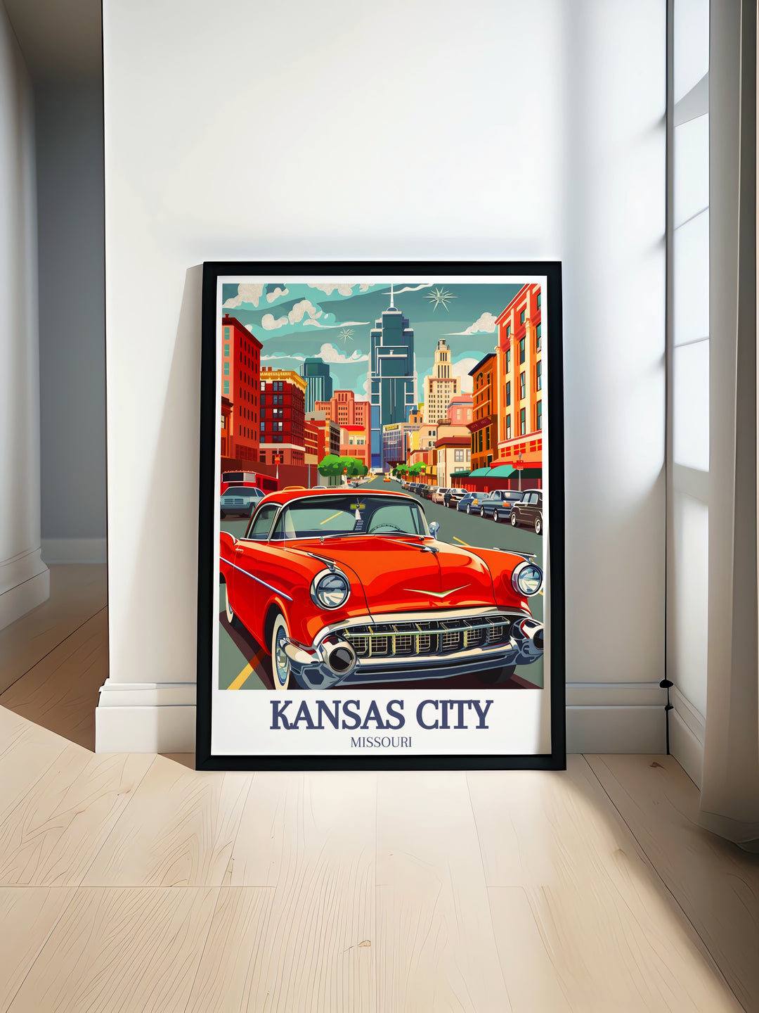 Kansas City travel poster featuring an expansive view of the citys skyline and Downtown Missouri. Perfect for urban art enthusiasts, this wall print is a stunning piece for anyone who admires architecture and travel.