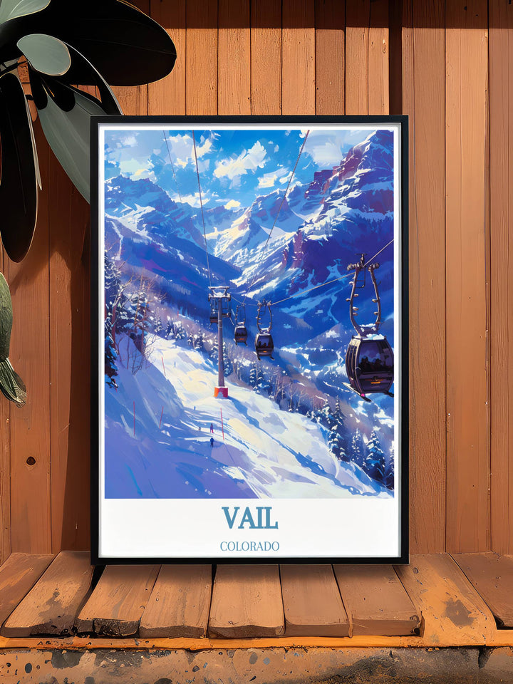 Vail Ski Resort print with a vintage design, celebrating the history and tradition of skiing in Colorado. Adds a touch of elegance and nostalgia to any space.