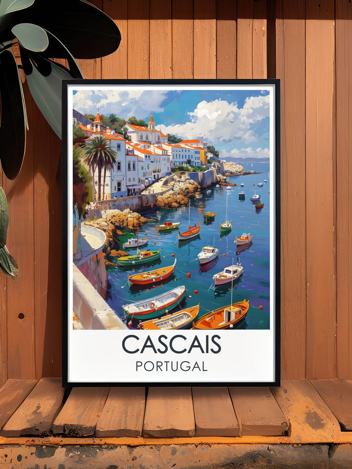 Experience the historical charm of Cascais with this detailed travel poster, highlighting its traditional houses and quaint streets. Perfect for those who appreciate rich cultural heritage and picturesque settings, this artwork adds a touch of timeless beauty to your home decor.