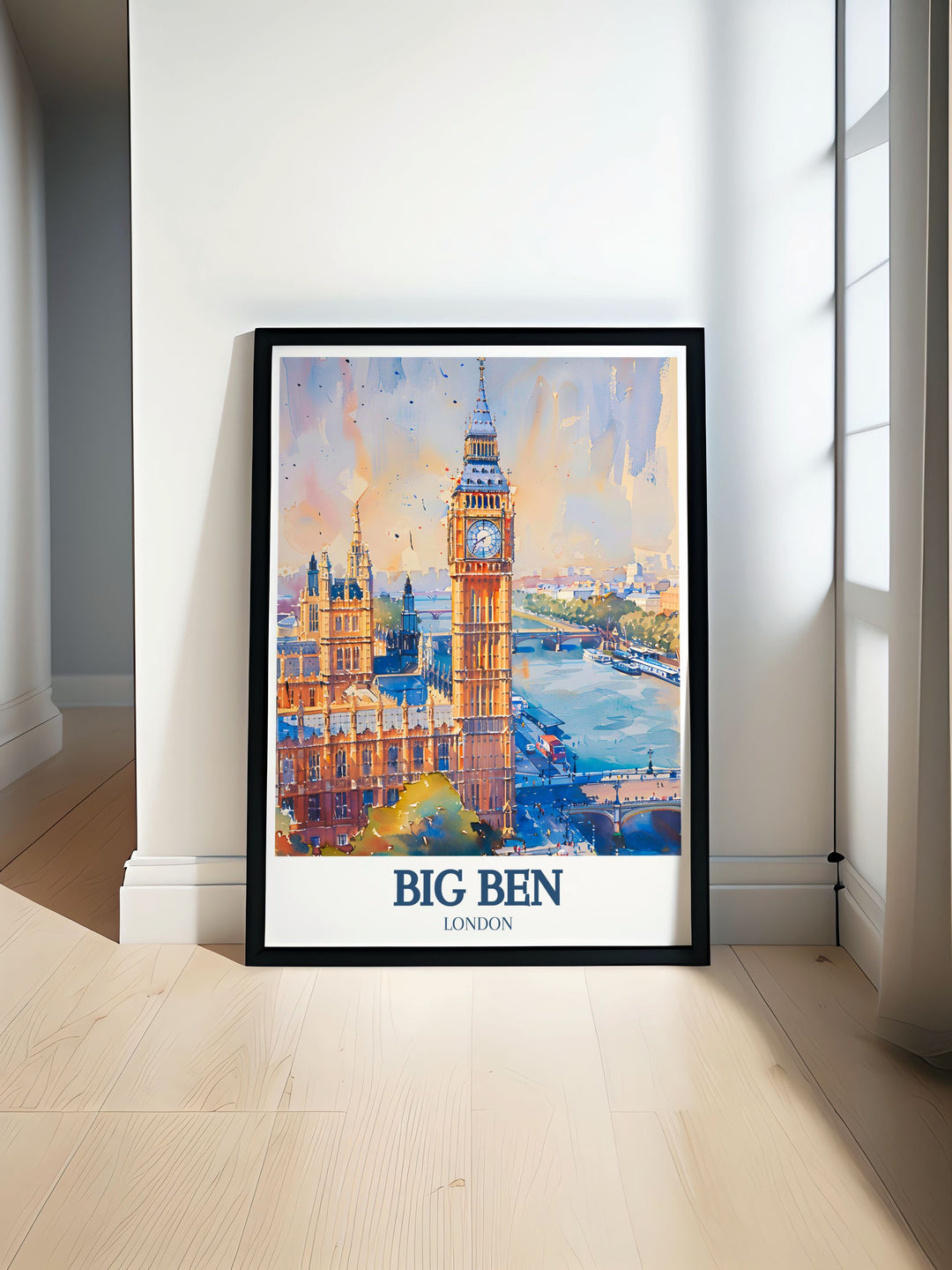 Captivating Big Ben poster featuring the iconic Houses of Parliament and the serene River Thames, showcasing Londons timeless beauty and charm. Perfect for adding a touch of historic elegance to your home decor.