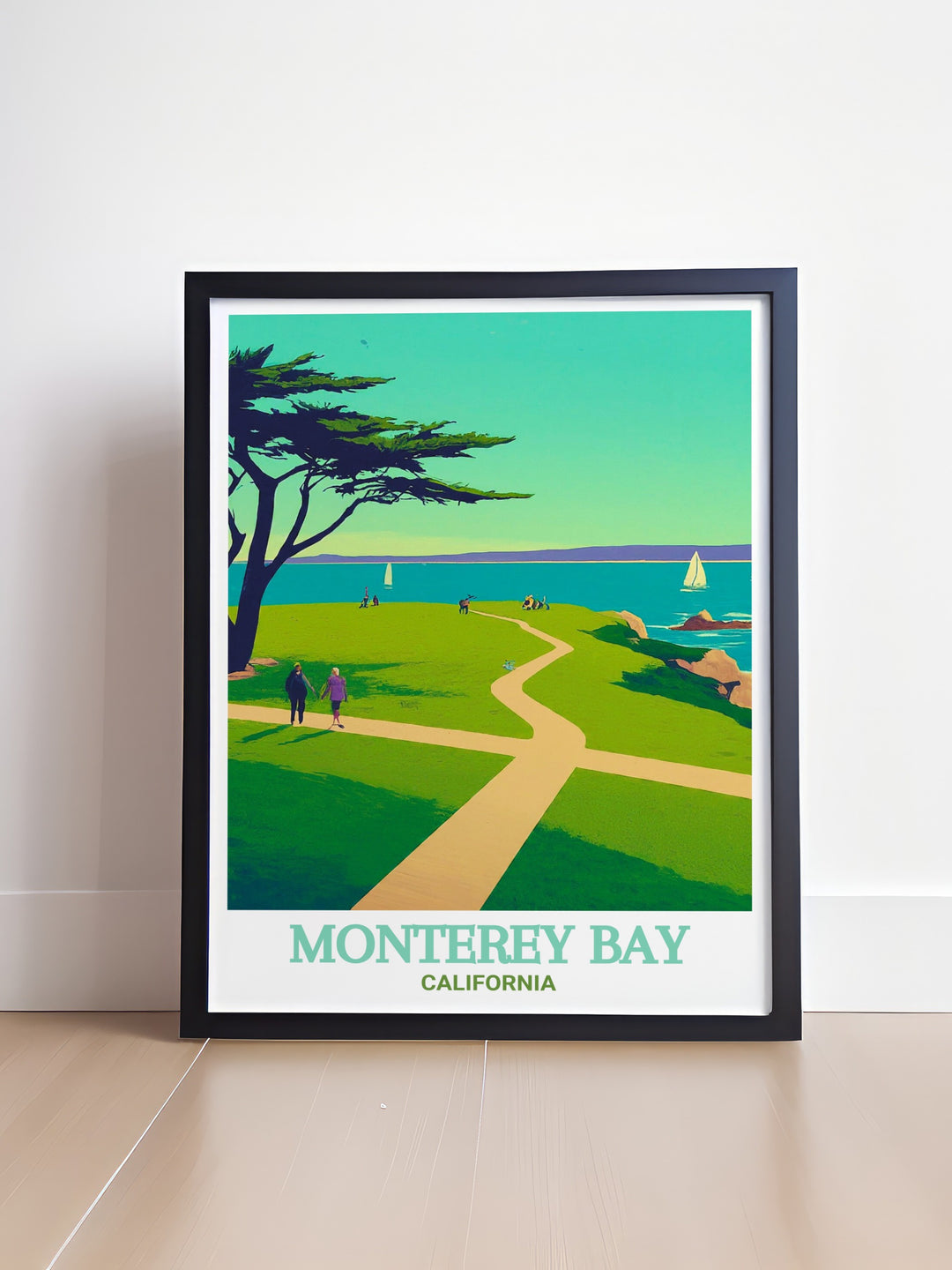 Captivating canvas print of Monterey Bays Lovers Point Park, highlighting the lush greenery and scenic surroundings of California. Perfect for adding a touch of elegance to your space. This print brings the peaceful beauty of Californias coastline into your home.