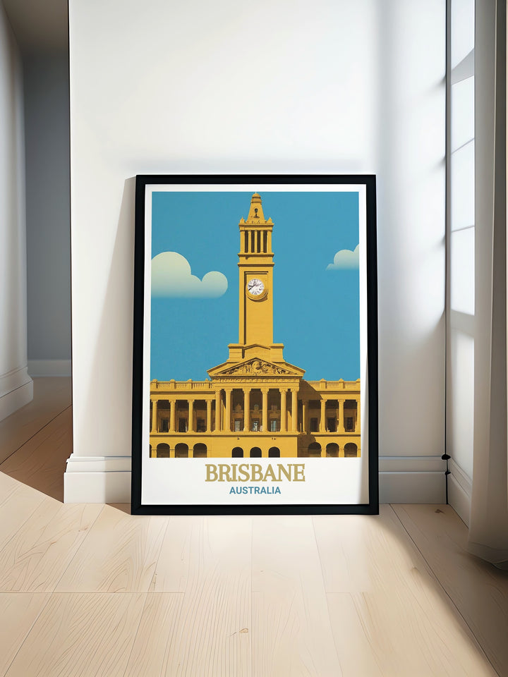 Brisbane City Hall and Clock Tower Art Print brings the vibrant spirit of Brisbane into your home decor with stunning detail and vibrant colors perfect for any living room bedroom or office wall. A timeless piece of Australia wall art that adds elegance to any space