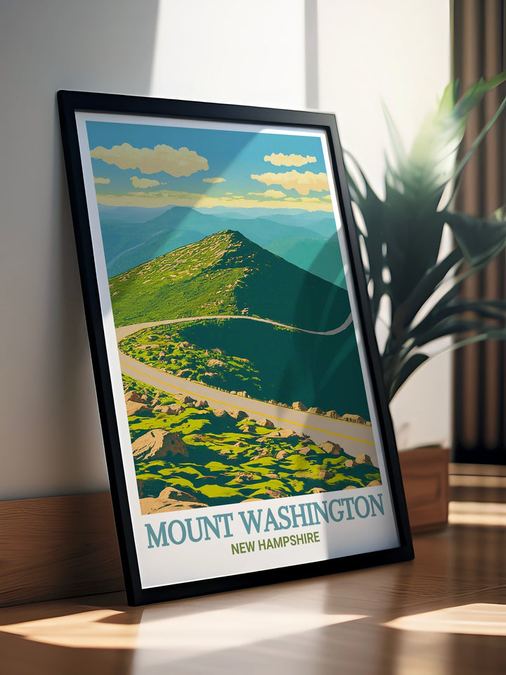 Vibrant Mount Washington Auto Road modern art featuring the iconic New Hampshire peak ideal for enhancing any space with its natural beauty