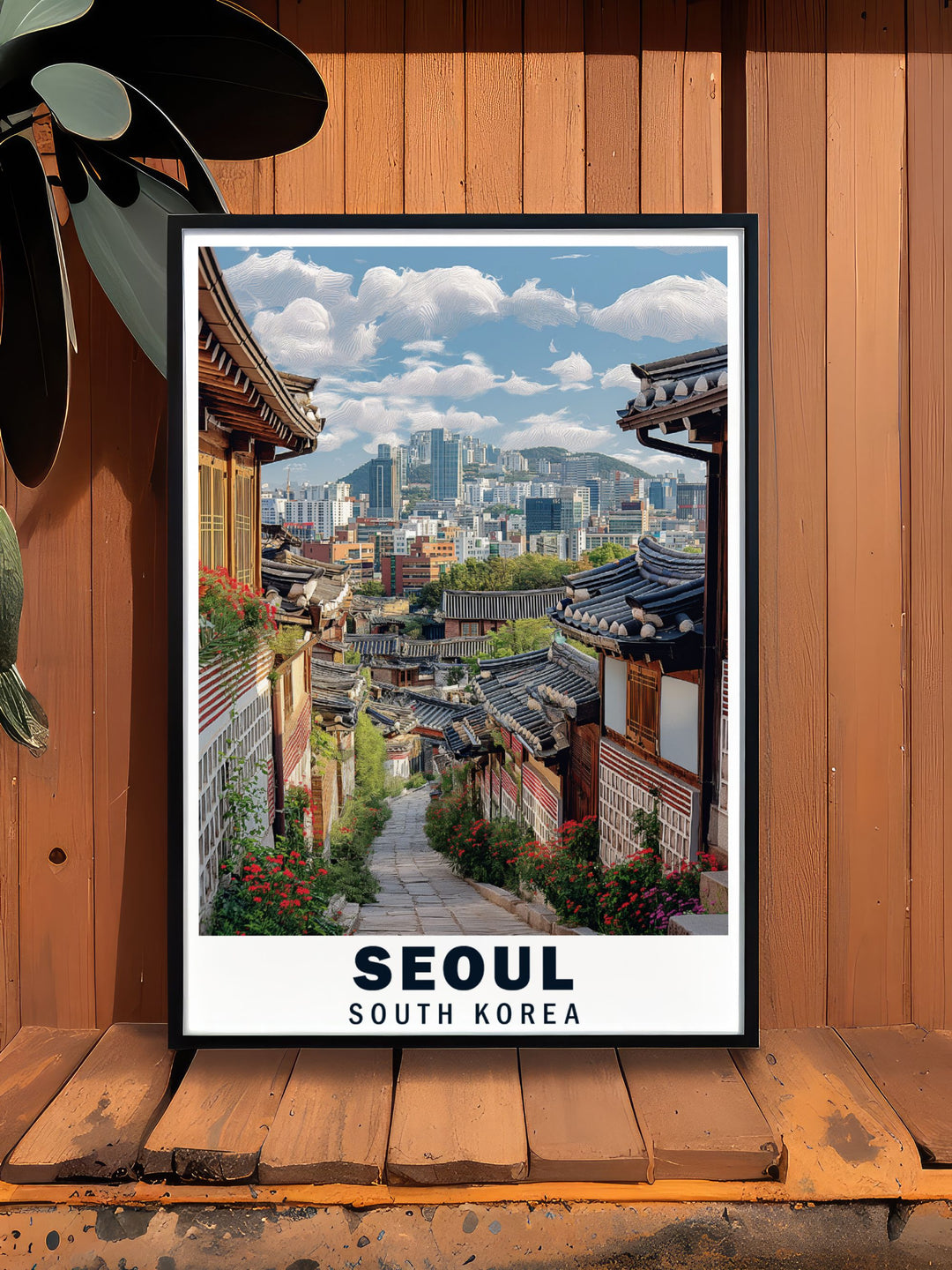 Bukchon Hanok Village is depicted in this detailed travel poster, showcasing its narrow alleys and traditional hanok houses, celebrating the timeless beauty of Korean culture, perfect for your wall art collection.