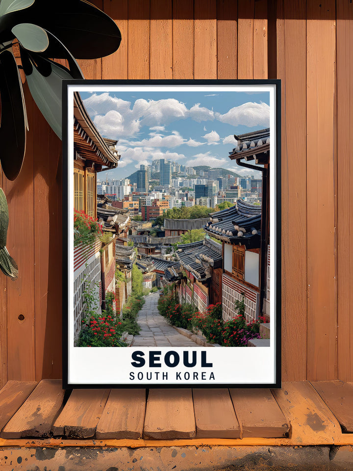 Bring the charm of Seouls Bukchon Hanok Village into your home with this exquisite travel print. Featuring the classic architecture of traditional hanoks, this artwork is perfect for any traveler or art lover who appreciates South Koreas cultural beauty.