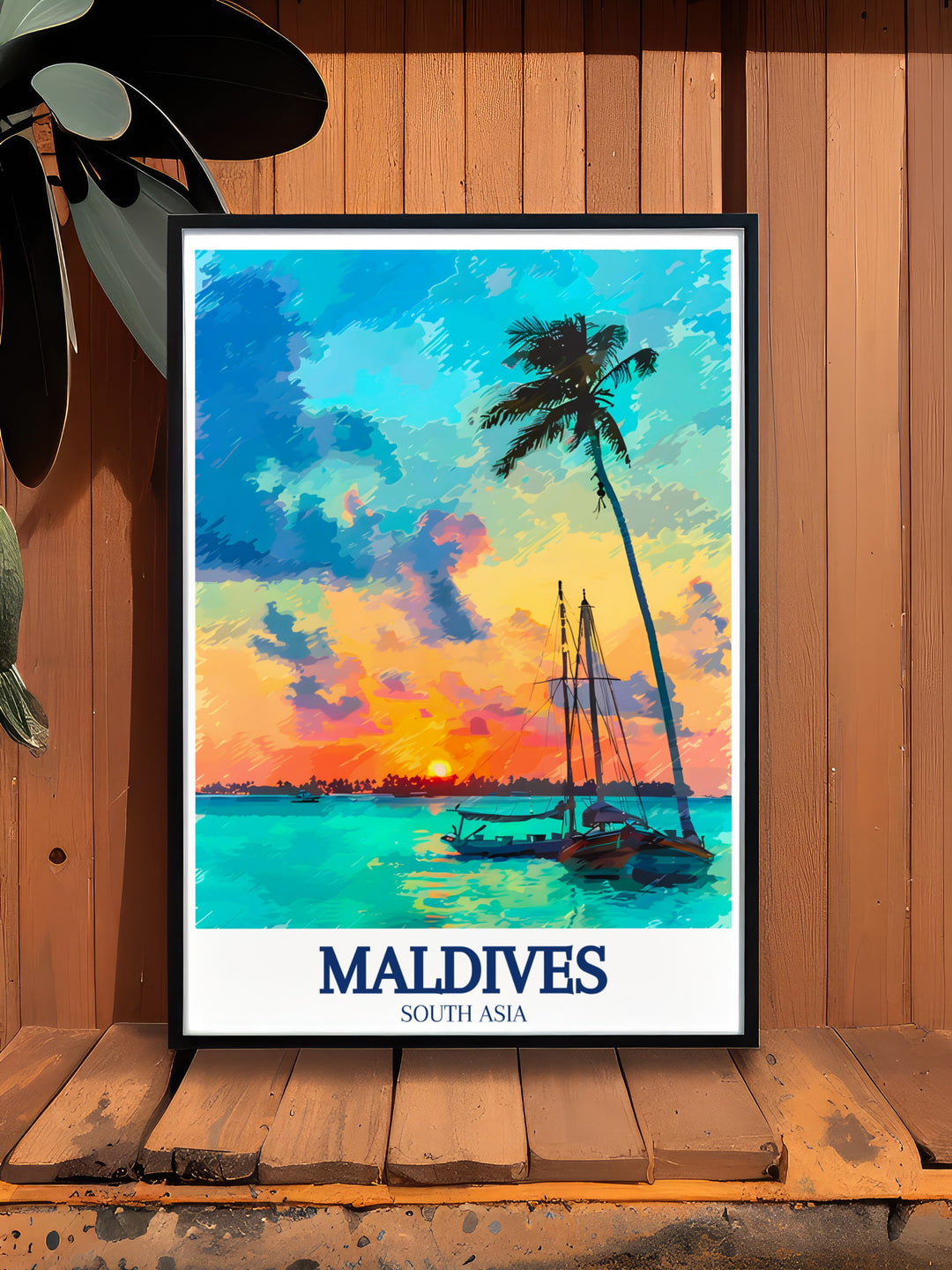 Maldivian Dhoni Boats Framed Art highlighting the elegance and cultural significance of these traditional boats, set against the picturesque scenery of Velassaru Island. This framed art piece is a beautiful addition to any home, offering a glimpse into the peaceful life of the Maldives.