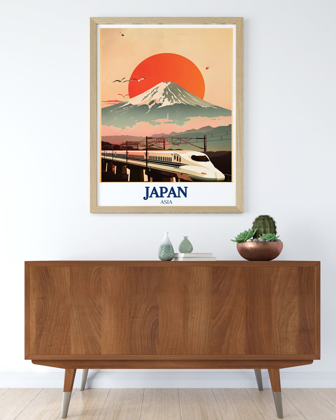 Mount Fuji wall print capturing the mountains imposing yet tranquil presence over the Japanese countryside. This travel art piece brings the iconic view of Mount Fuji into your home, perfect for lovers of nature and Japanese culture.