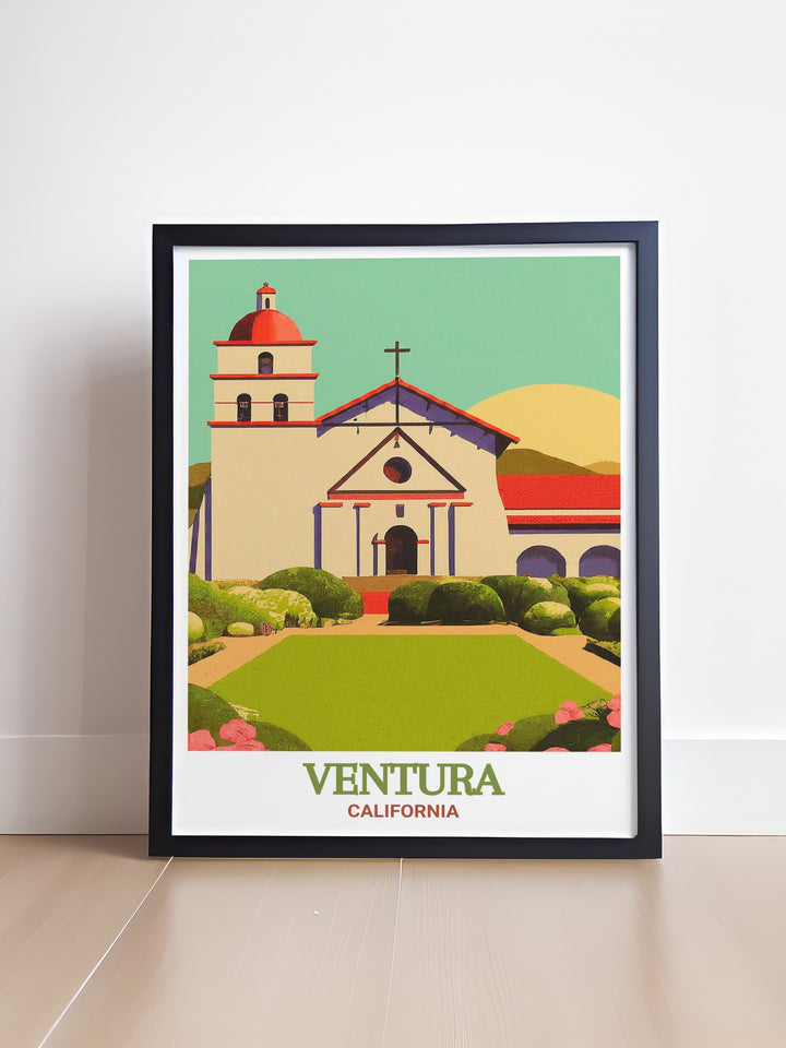 This Ventura County print features the iconic Mission San Buenaventura in a black and white fine line design. The matted artwork showcases the detailed street map of Ventura, making it a sophisticated addition to any space. Ideal for those who appreciate Californias history and coastal elegance, this print is a timeless keepsake.