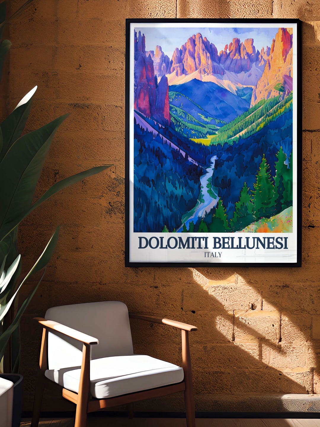 Dolomite range vintage print evoking the golden age of travel with its muted tones and intricate details making it a standout piece in any home decor.