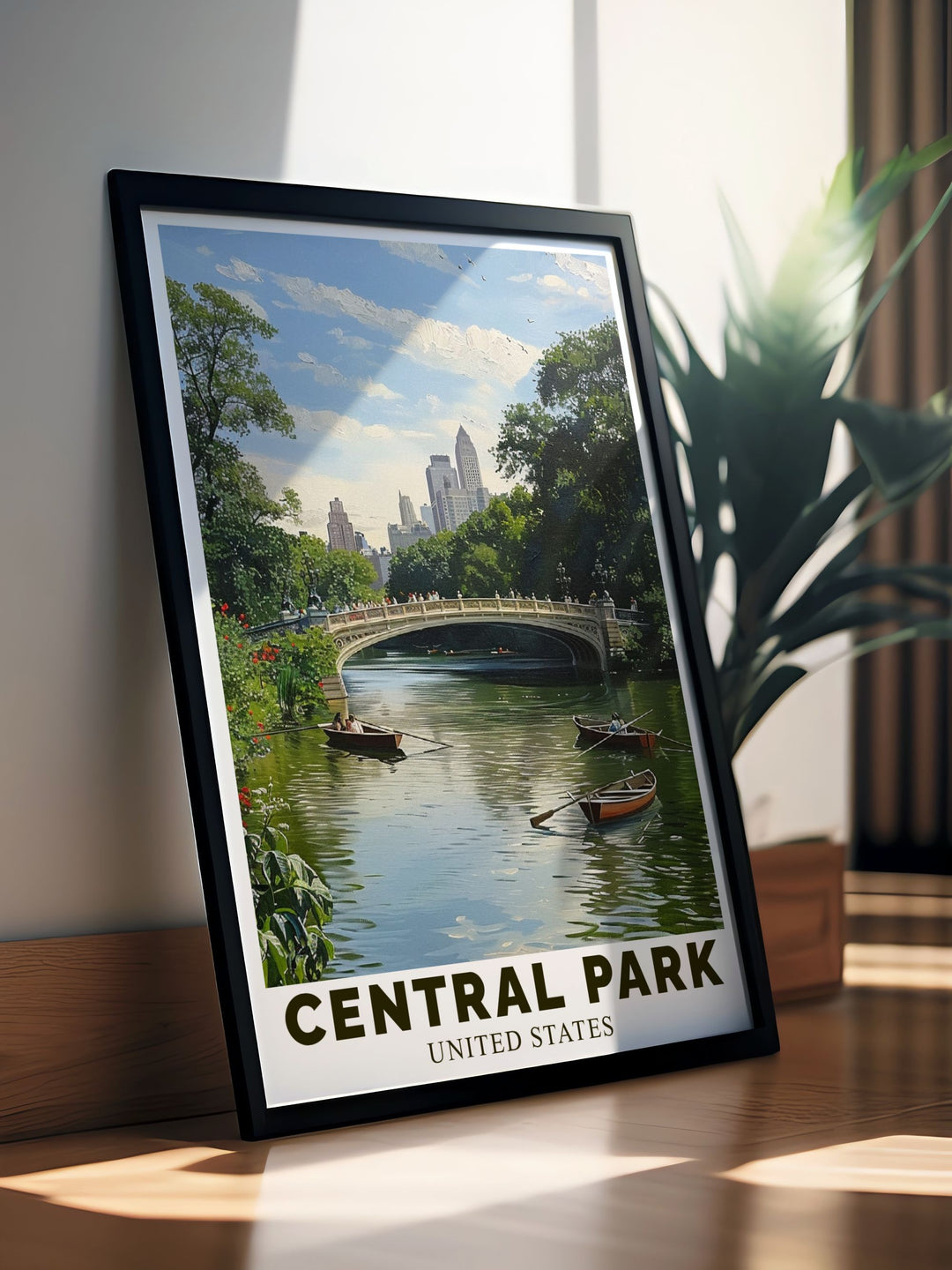 This travel poster captures the iconic Bow Bridge and the lush landscapes of Central Park, perfect for adding a touch of New York Citys natural beauty to your home decor.