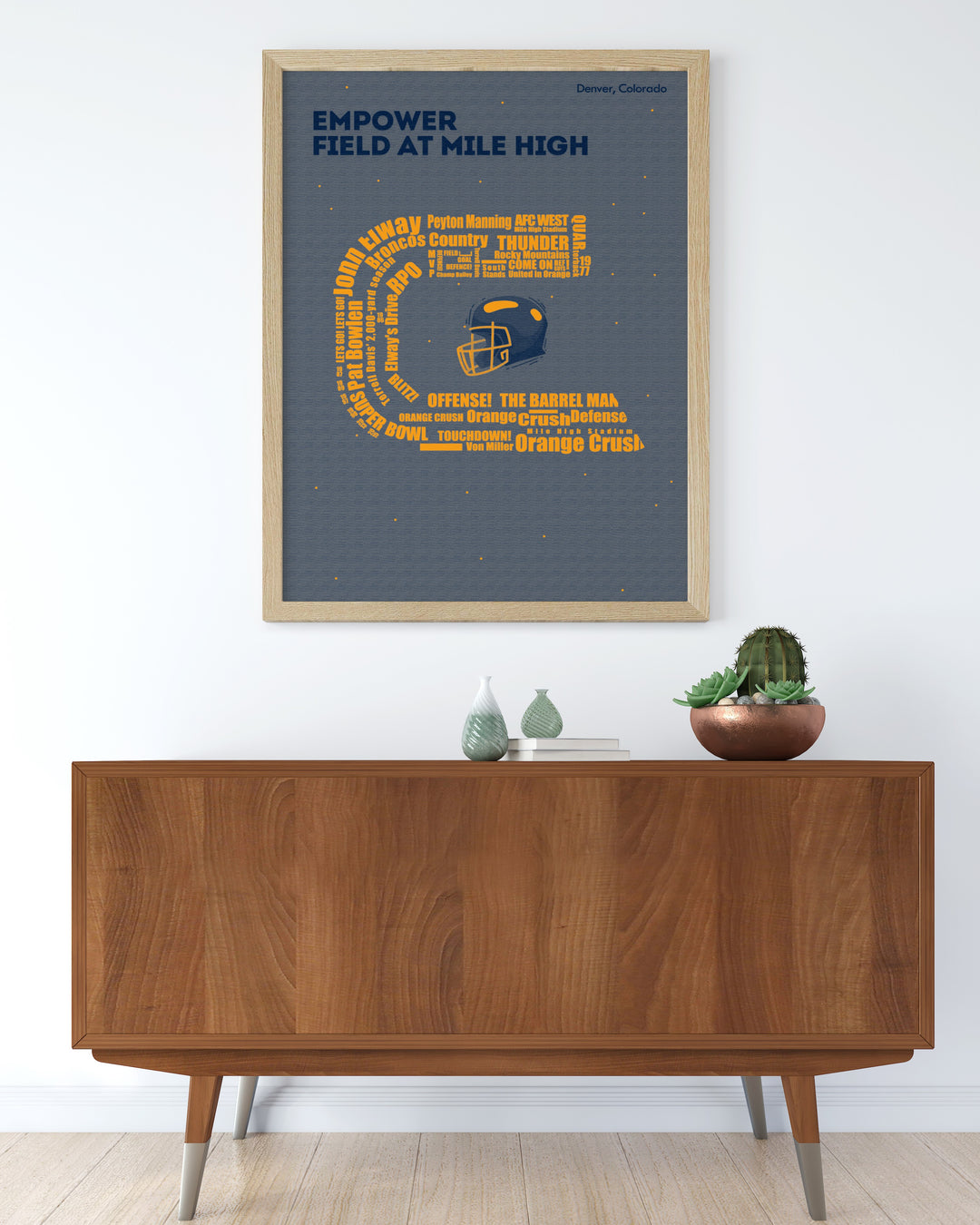 Colorado Print of Denver Broncos legends at Empower field at mile high with vibrant and intricate artwork celebrating the thrilling moments and unforgettable plays of the team