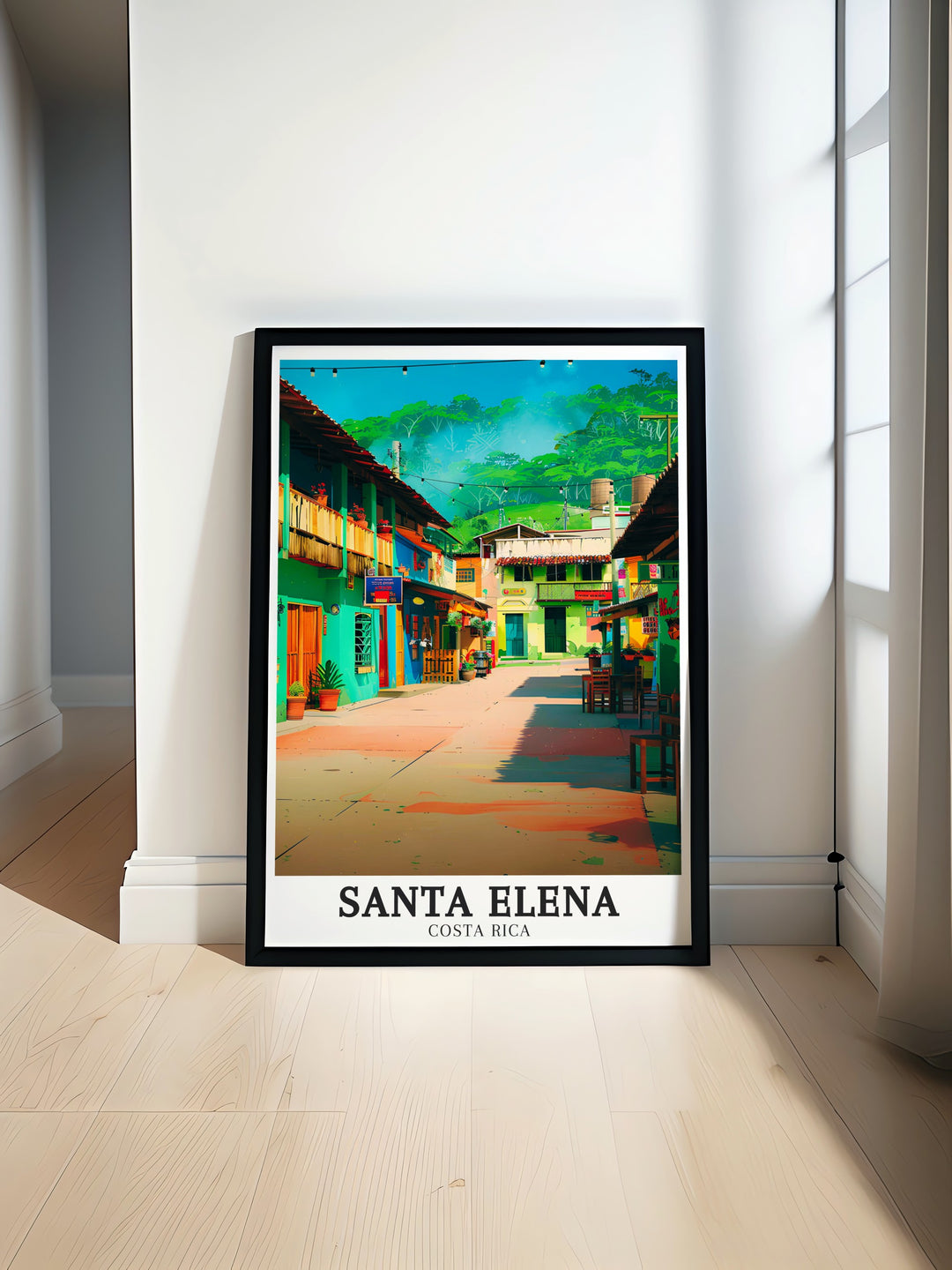 Stunning artwork of Monteverde Cloud Forest Reserve and Central Plaza in Costa Rica. This vibrant Costa Rica wall art brings nature and culture together with breathtaking detail perfect for any home decor or a thoughtful Santa Elena gift for travelers and nature lovers.