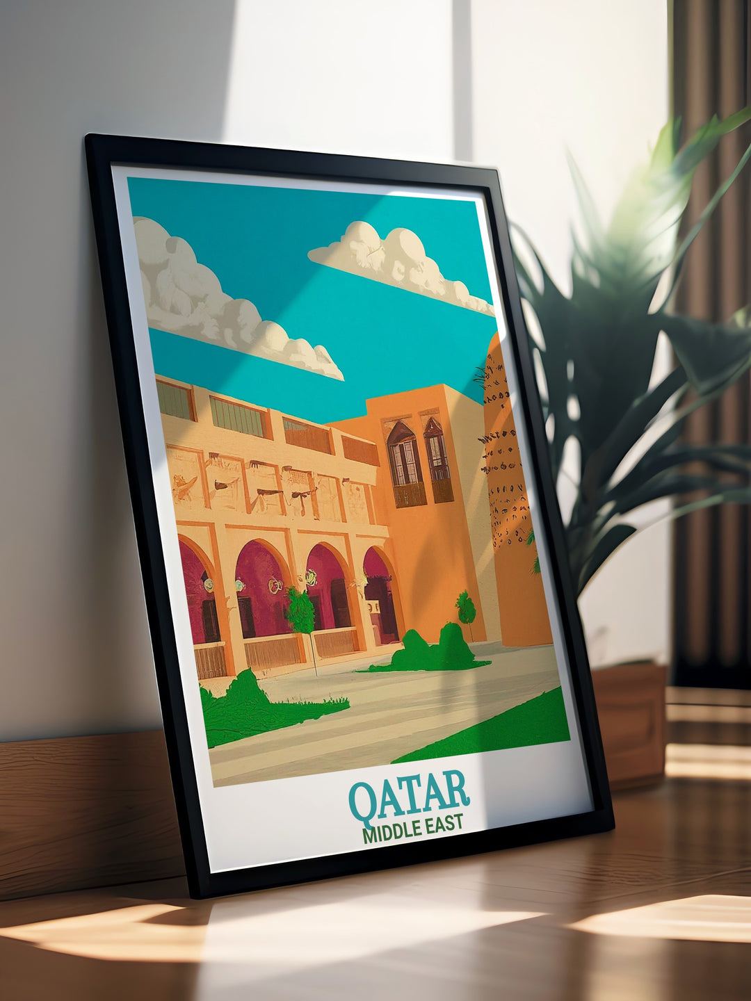 Katara Cultural Village wall art highlighting Qatars architectural beauty and cultural significance. This colorful travel print beautifully illustrates the intricate details of this iconic Middle Eastern landmark, ideal for home or office decor.