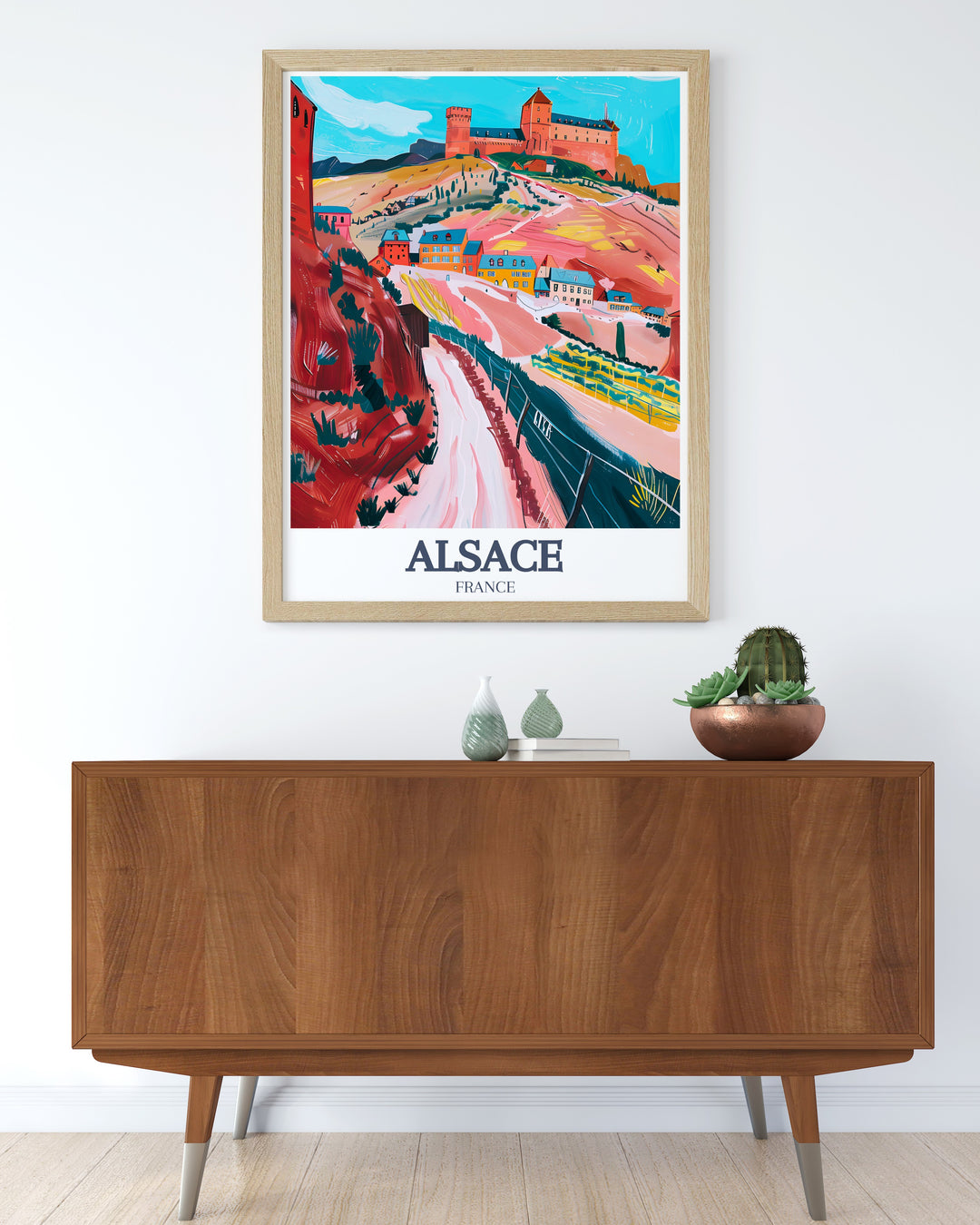 Elegant Alsace Artwork with a view of Chateau du Haut Koenigsbourg and the scenic Alsace Wine Route. This travel print adds a sophisticated French touch to any home, capturing the rich history and beauty of Alsace France.