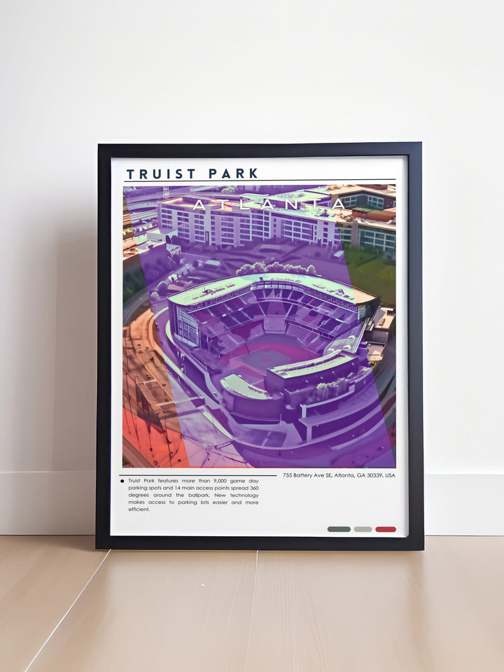 Truist Park artwork featuring detailed illustrations of the stadium and its surroundings ideal for adding a touch of baseball history to any room the vibrant colors and meticulous craftsmanship make this piece a focal point in any decor