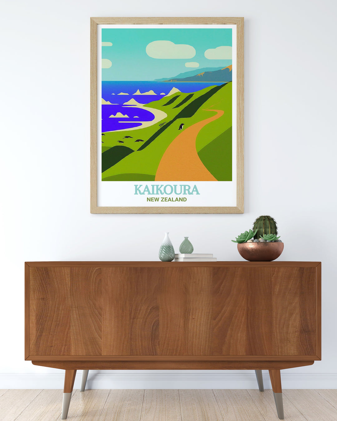 This detailed travel poster captures the stunning beauty of Kaikouras coastline, showcasing the dramatic cliffs and the Kaikoura Peninsula Walkway. The artwork highlights the natural splendor of this New Zealand destination, making it a perfect piece for nature enthusiasts.