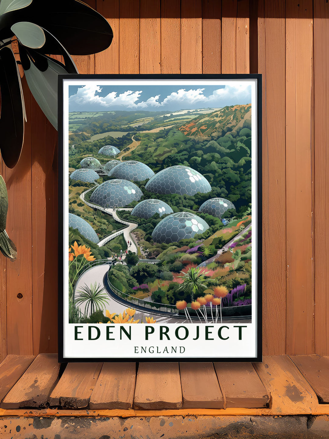 Eden Project poster depicting the innovative design and natural beauty of this world famous attraction perfect for those who love unique art pieces and want to bring a piece of Cornwall into their living space with this captivating poster.