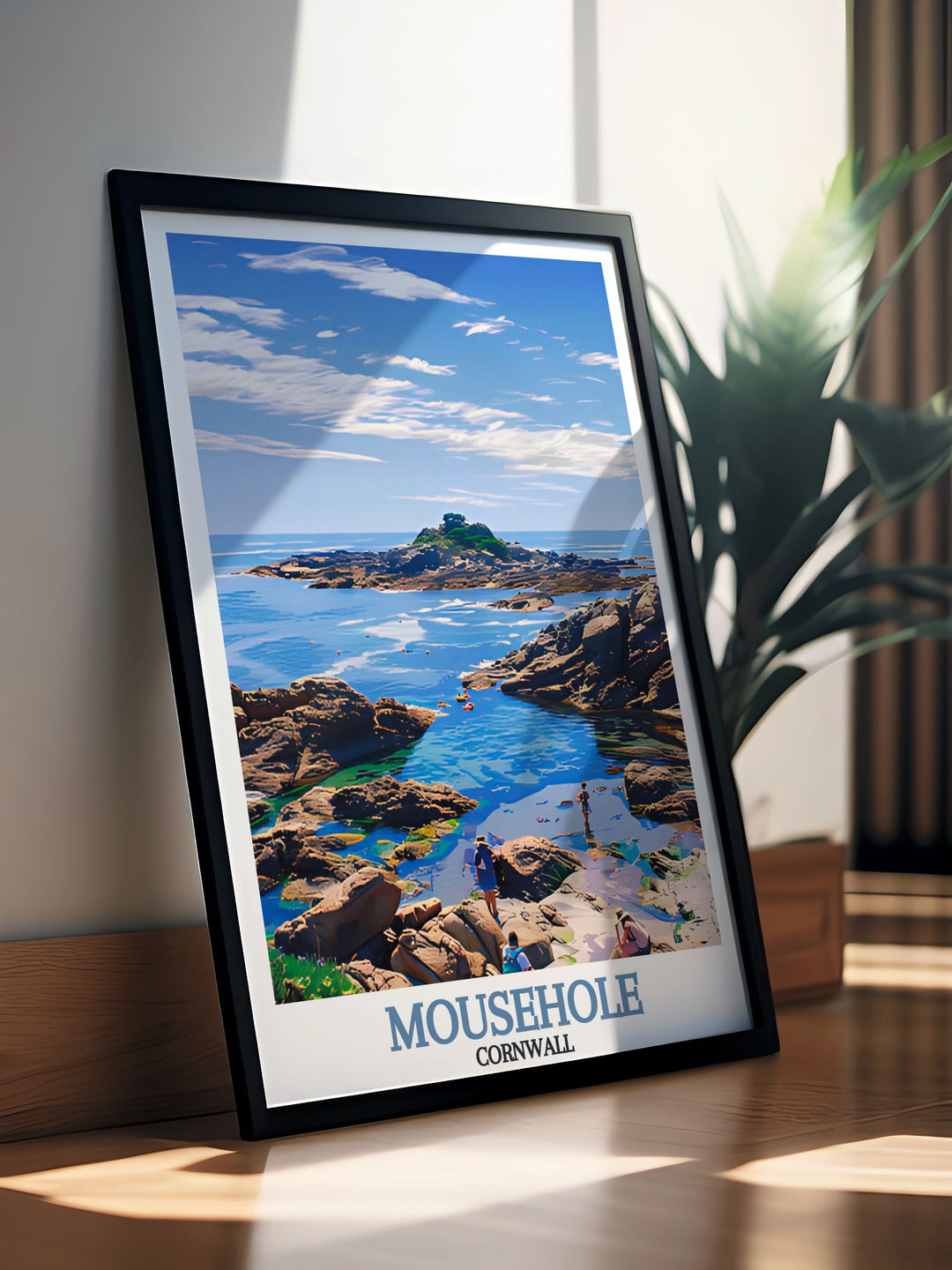 Beautiful Mousehole Wall Art featuring St. Clements Isle in Cornwall perfect for home decor and as a gift for Cornwall lovers a detailed and vibrant illustration capturing the beauty of this coastal village