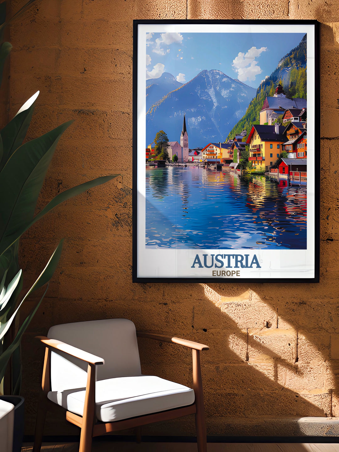 Hallstatt modern art prints showcase Austrias stunning village scenery in vibrant colors. This Austria art print is a perfect addition to any home bringing fine line details and elegance to your living space. Ideal for special gifts and modern decor lovers.