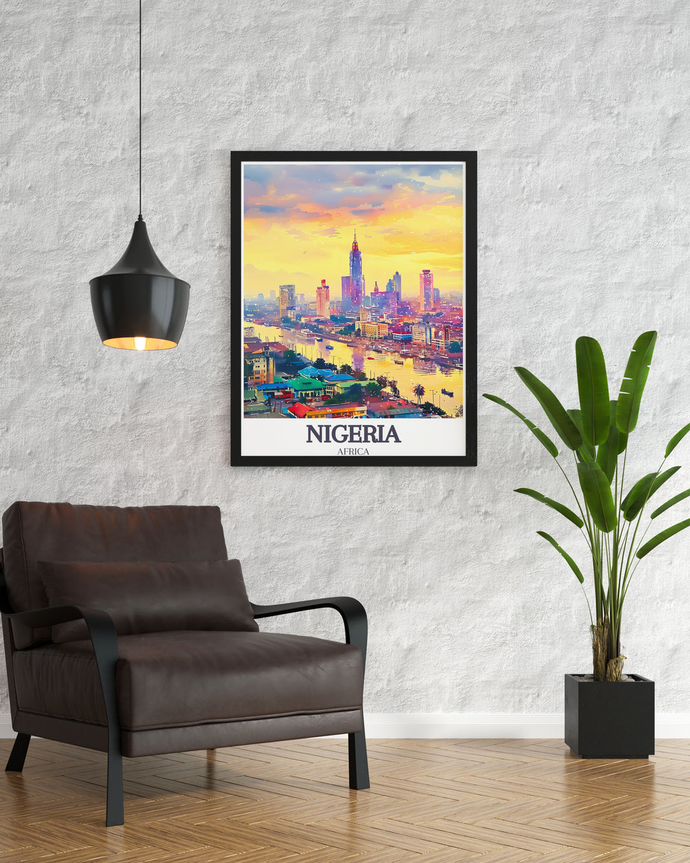 This Lagos and Victoria Island modern print showcases the dynamic skyline and cultural richness of Nigeria perfect for enhancing contemporary home decor and providing a captivating focal point.