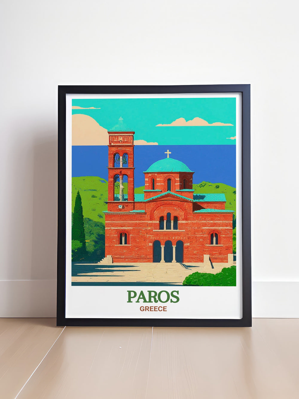 Transform your living space with this travel print of Panagia Ekatontapiliani, Paros, depicting the revered church surrounded by the islands serene landscape. Perfect for adding a peaceful and historic touch to your decor.