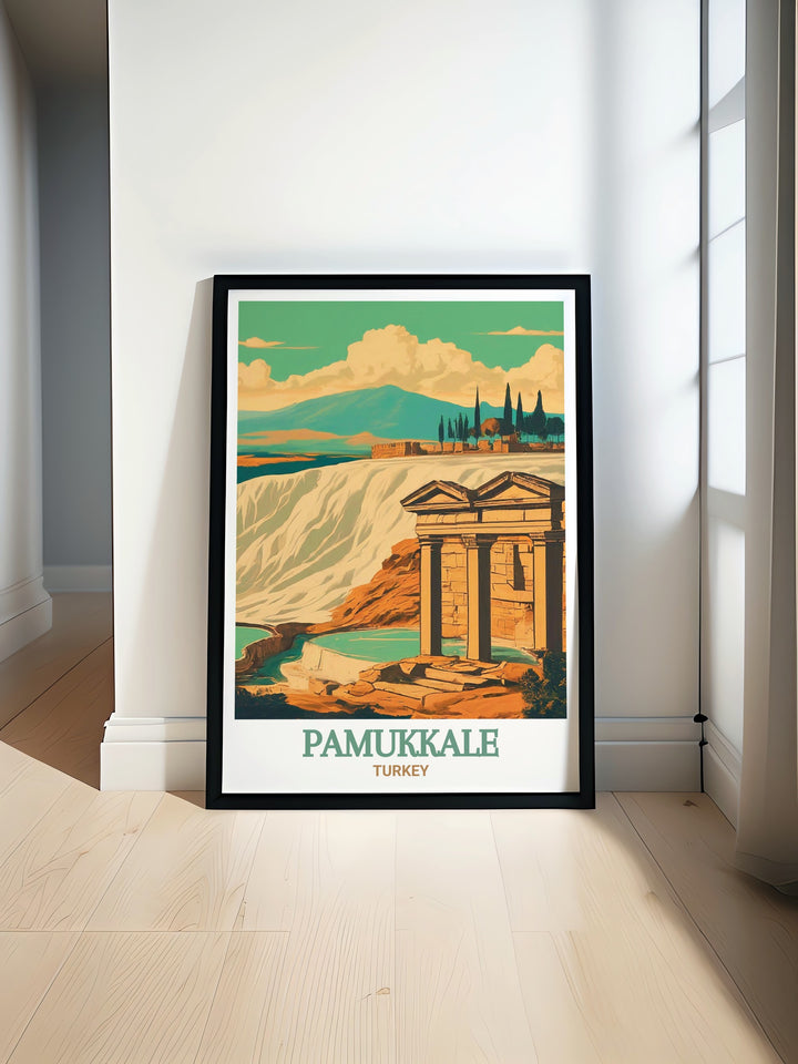 This Hierapolis Theatre poster captures the awe inspiring beauty of one of Turkeys most famous ancient sites, making it an excellent addition to any home. The detailed depiction of the theaters architecture and scenic views brings the grandeur of ancient Turkey into your space.