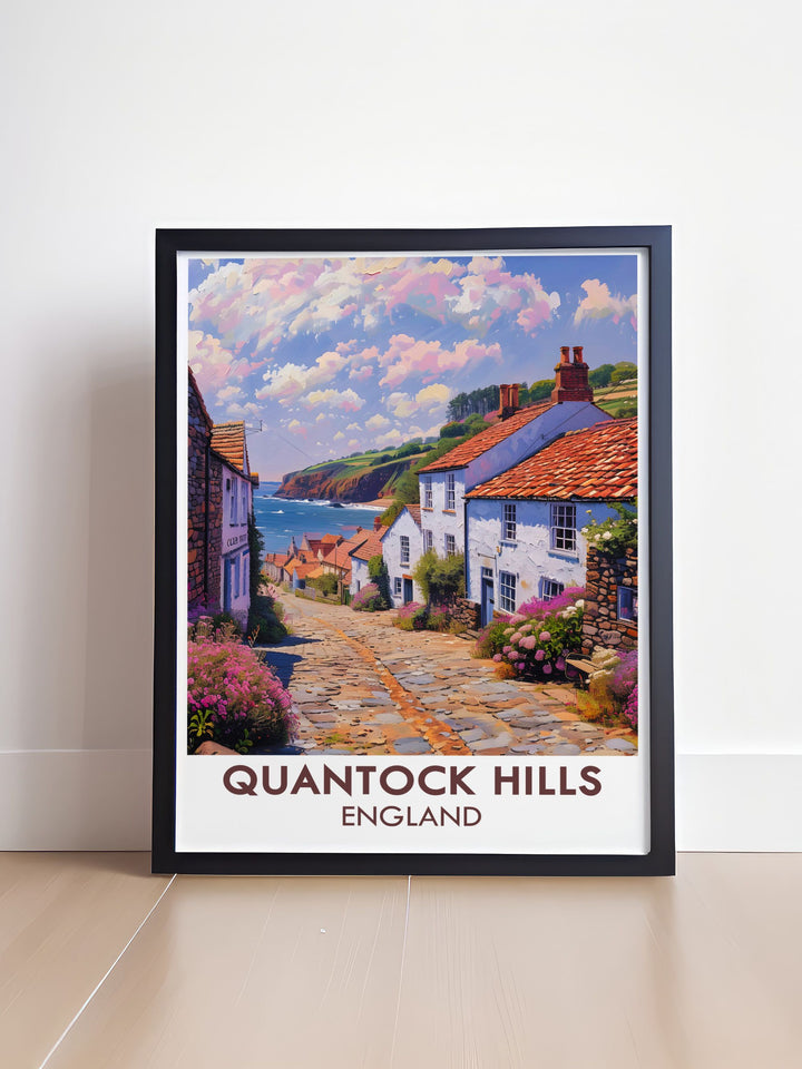 Nether Stowey travel poster print highlighting the serene beauty of Quantock Hills AONB and Somerset AONB a perfect choice for those who love Somerset Travel Art and want to showcase the picturesque scenery of Vale Taunton Deane and Quantock Heath.