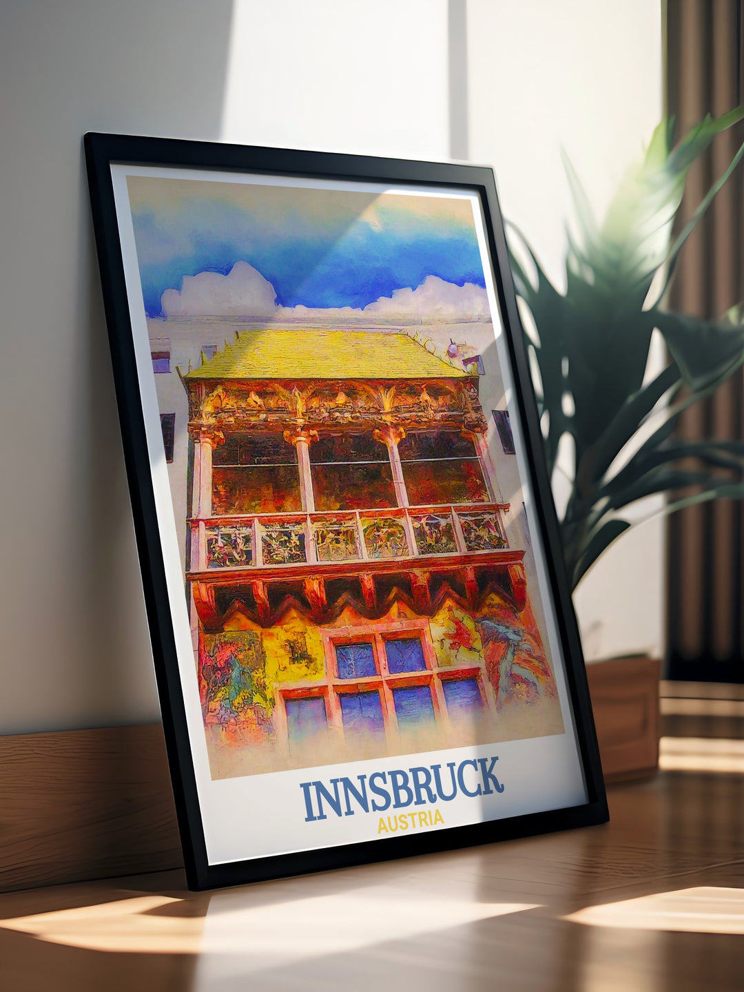 This travel poster of Innsbrucks Golden Roof is perfect for fans of European landmarks and history. A stunning addition to your wall décor, it captures the grandeur of Austrias architectural heritage.