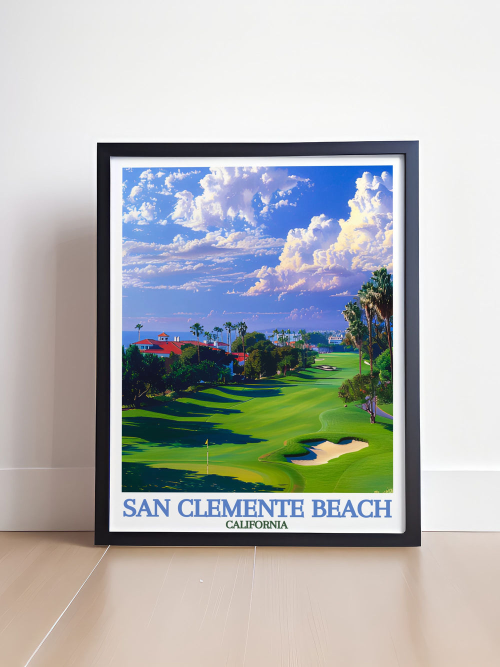 This San Clemente Travel Poster brings the beauty of Californias coast into your home, featuring the iconic San Clemente Beach and the rolling greens of its golf course. Perfect for lovers of coastal decor or as a thoughtful gift for those with a connection to California.