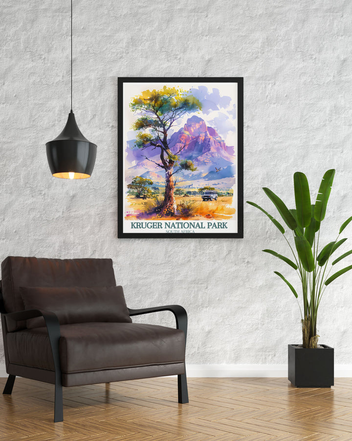 Highlighting the serene beauty of Kruger National Park, this travel poster captures its diverse wildlife and stunning vistas. Perfect for those who appreciate unique natural wonders, this artwork brings the essence of Africa into your home.