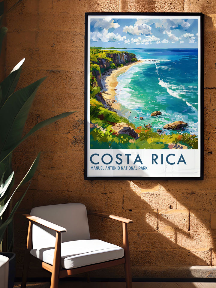 Discover the lush rainforests and pristine beaches of Manuel Antonio National Park with this exquisite art print. Featuring the parks breathtaking scenery and colorful wildlife, this poster is ideal for adding a touch of Costa Ricas natural wonder to your living space. Perfect for travelers and nature enthusiasts.