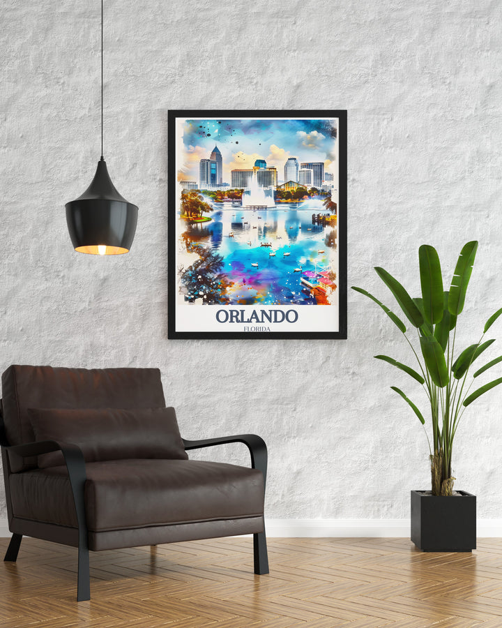 Orlando Eye canvas print highlighting the breathtaking views of Orlando from one of the tallest observation wheels in the world. This poster brings the thrill of ICON Park into your home, providing a modern and artistic representation of Orlandos top attractions. Available in various formats, including framed options.