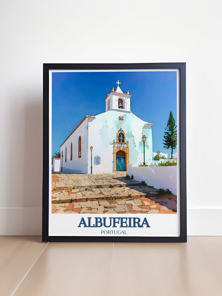 Beautiful Albufeira art print capturing the charm of St Anna Church with its whitewashed walls and traditional architecture, perfect for home decor.
