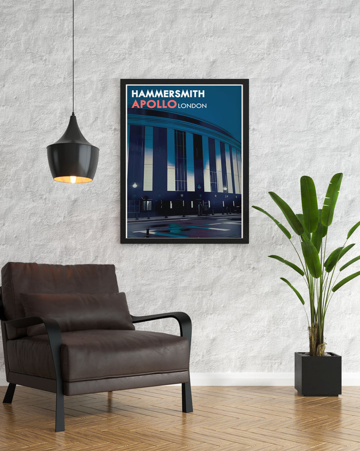 Highlighting the cultural significance of Hammersmith Apollo, this travel poster captures the essence of the historic venue and its role in Londons vibrant arts scene.